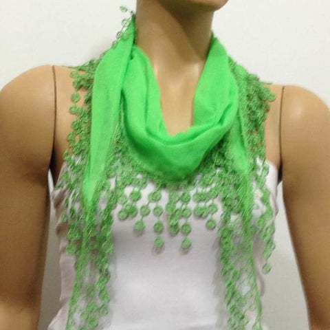 Apple Green fringed edge scarf - Scarf with Lace Fringe