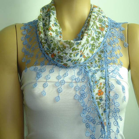 White with Blue and Orange flowers printed and BLUE fringed edge scarf - Scarf with Lace Fringe