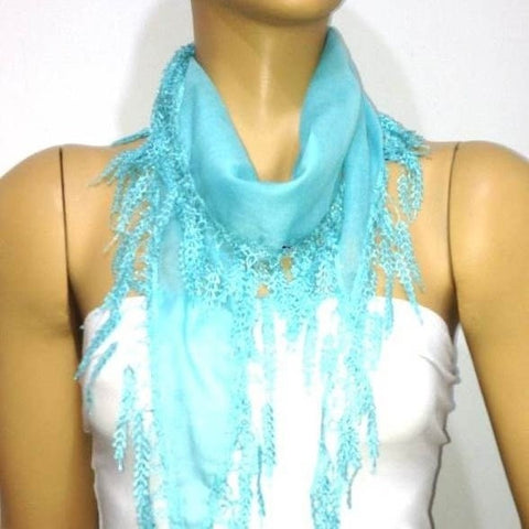 Aqua Blue fringed edge scarf - Scarf with Lace Fringe