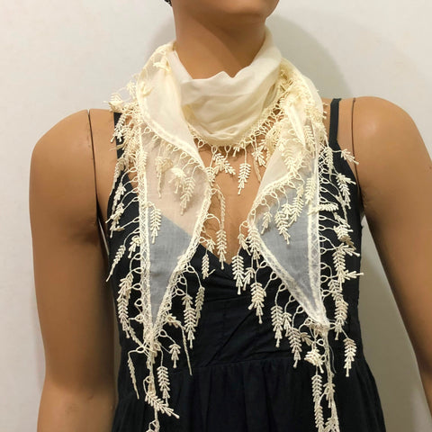 Ivory fringed edge scarf - Scarf with Lace Fringe