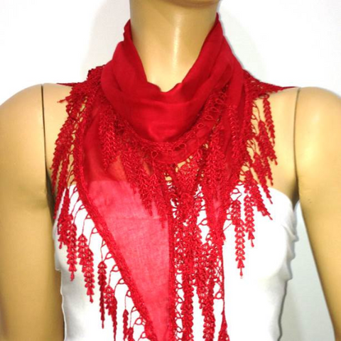 Red fringed edge scarf - Scarf with Lace Fringe