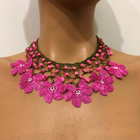 Pink Choker Necklace with Crocheted Flower Oya