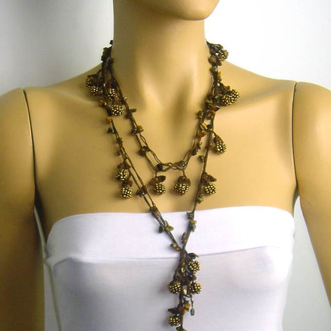 Copper Crochet berry bead oya with tiger eye semi-precious stones - Berry Necklace - Beaded Lariat - Necklace Lariat Necklace