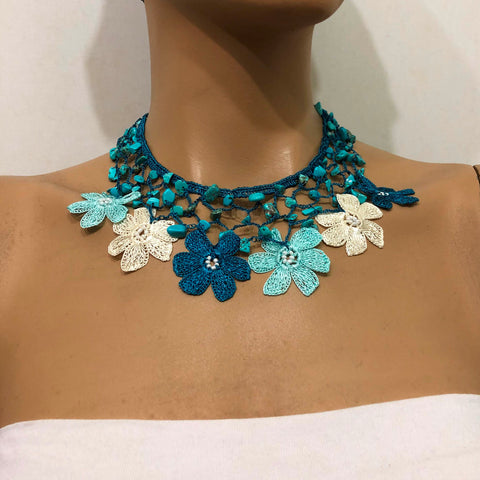 Blue Beige Turqoise Choker Necklace with Crocheted Flower Oya and Turquoise Stones