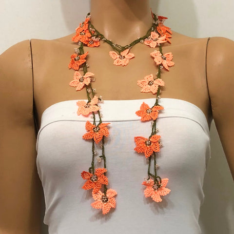 Salmon and Orange Crochet beaded flower lariat necklace with beads - Crochet Accessory - Turkish Crochet Oya - OYA Turkish Crochet Lace - Crochet Jewelry