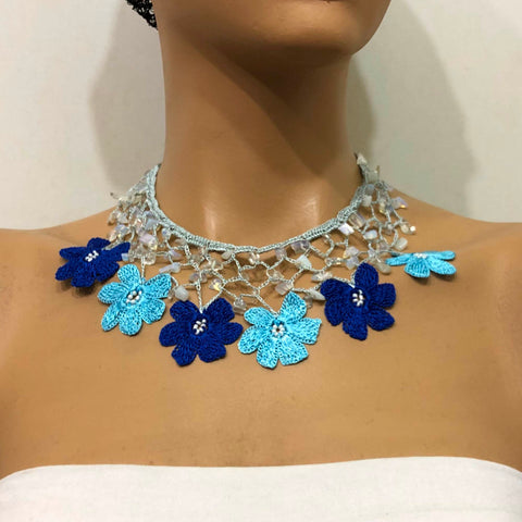 Blue Choker Necklace with Crocheted Flower Oya