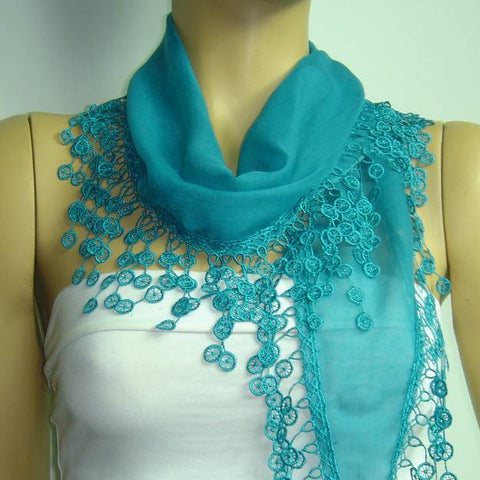 Teal Blue fringed edge scarf - Scarf with Lace Fringe