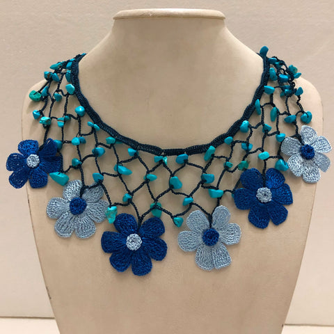 Blue and Navy Choker Necklace with Crocheted Flower Oya and Turquoise stone