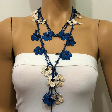 Blue and beige Crochet beaded flower lariat necklace with beads - Crochet Accessory - Turkish Crochet Oya - OYA Turkish Crochet Lace - Crochet Jewelry