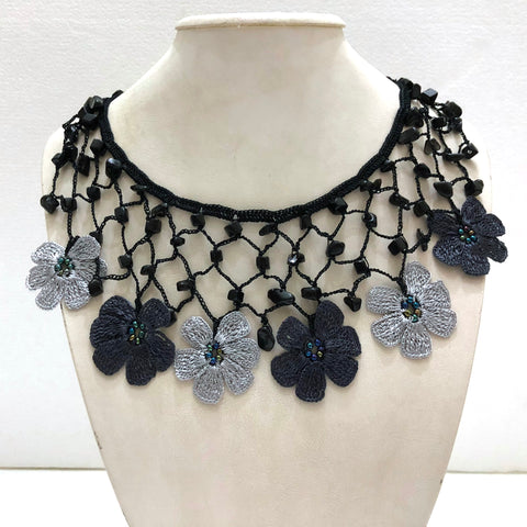 Grey and Charcoal Choker Necklace with Crocheted Flower Oya and ONYX stone