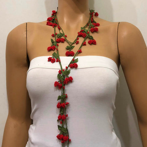 CORAL Red Crochet berries cherry bead oya Lariat Necklace - Red Crocheted Necklace