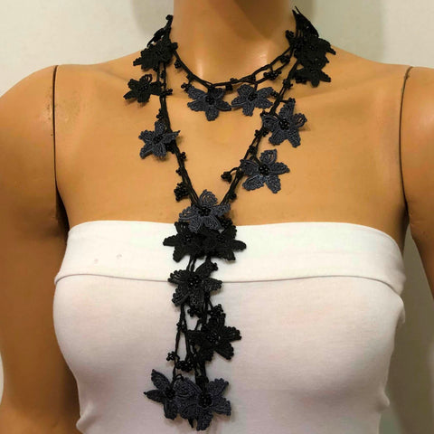 Grey and Charcoal Crochet beaded flower lariat necklace with beads - Crochet Accessory - Turkish Crochet Oya - OYA Turkish Crochet Lace - Crochet Jewelry