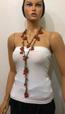 CORAL Orange Crochet berries cherry bead oya Lariat Necklace - Red Crocheted Necklace