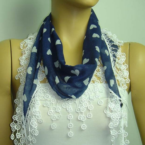 Navy with white Hearts printed and WHITE fringed edge scarf - Scarf with Lace Fringe