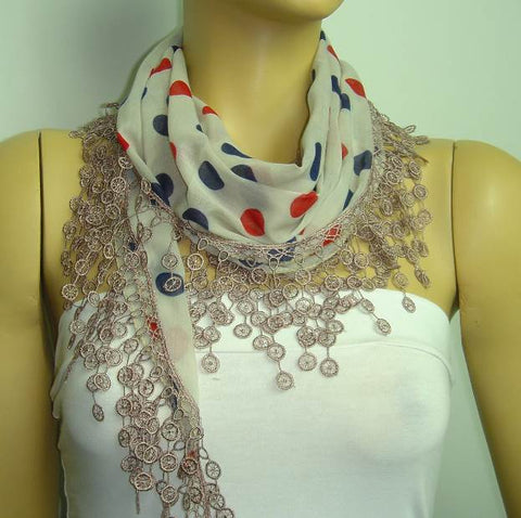 Taupe with Red and Navy polka dot printed and Taupe fringed edge scarf - Beige Scarf with Lace Fringe