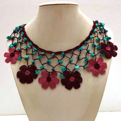 Plum and Pink Choker Necklace with Crocheted Flower and semi precious Turquoise Stones