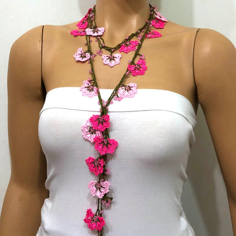 Fuchsia Pink Lacy Crochet beaded flower lariat necklace with beads - Fuschia Crochet Accessory - Turkish Crochet Oya - OYA Turkish Crochet Lace - Crochet Jewelry