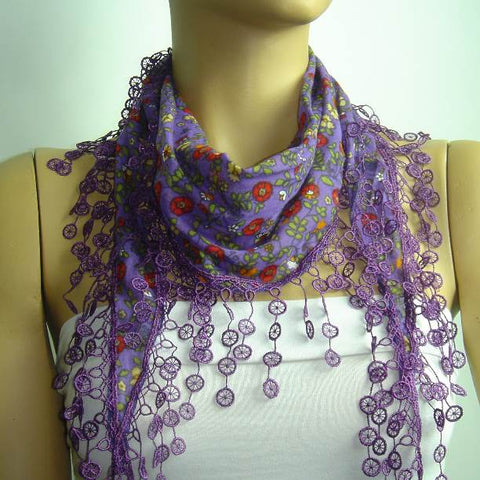 Purple with red flowers printed and PURPLE fringed edge scarf - Scarf with Lace Fringe