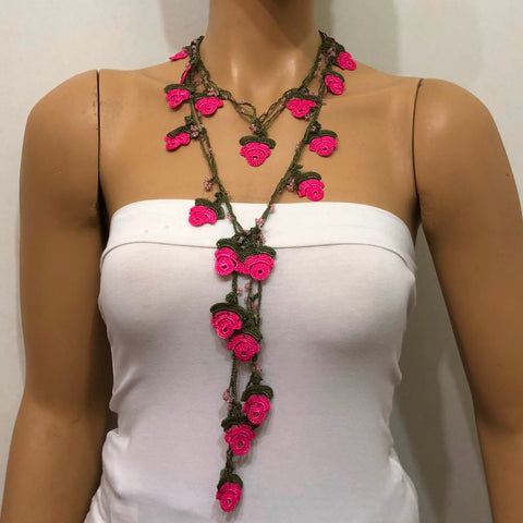 Fuchsia Pink Rose Crochet beaded flower lariat necklace with beads -  Fuschia Crochet Accessory - Turkish Crochet Oya - OYA Turkish Crochet Lace - Crochet Jewelry