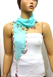 Crocheted Ice blue scarf with handmade multi color oya flowers - AQUA Green Scarf