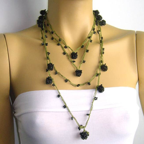 Blackberry crocheted lariat with green string
