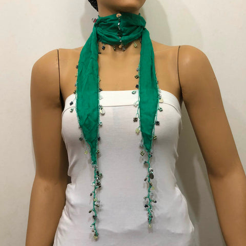 Green Beaded Scarf Necklace - Handmade Crocheted Beaded Scarf - bandana