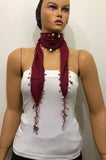 Burgundy Beaded Scarf Necklace - Handmade Crocheted Beaded Scarf -  bandana