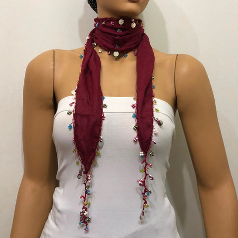 Burgundy Beaded Scarf Necklace - Handmade Crocheted Beaded Scarf -  bandana