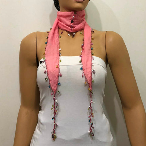 Pink Beaded Scarf Necklace - Handmade Crocheted Beaded Scarf - bandana