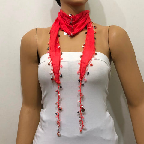 Pomegranate Bright Pink Beaded Oya Scarf Necklace - Handmade Crocheted - bandana