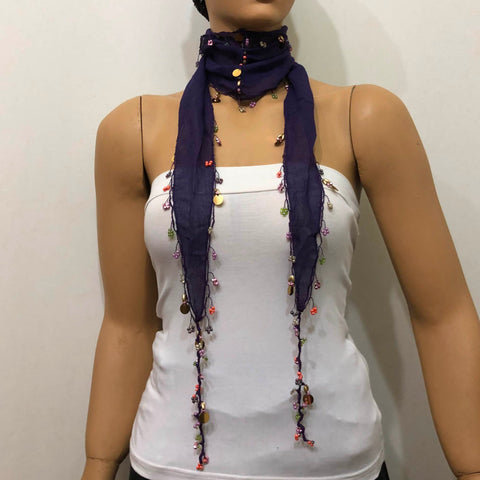 Purple Beaded Oya Scarf Necklace - Handmade Crocheted - bandana