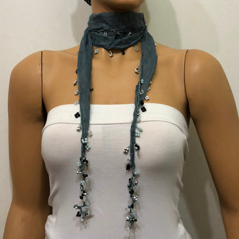 Grey Beaded Oya Scarf Necklace - Handmade Crocheted - gray bandana