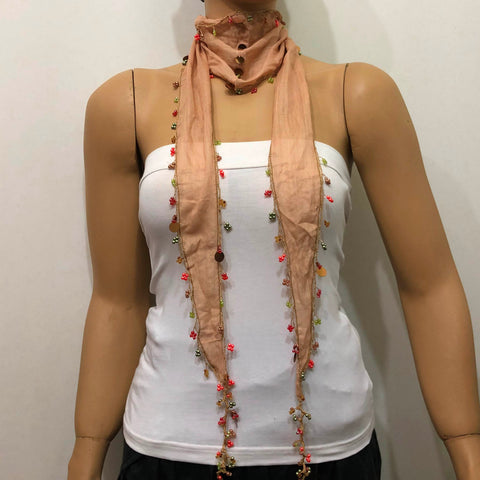 Nude Beaded Oya Scarf Necklace - Handmade Crocheted - bandana
