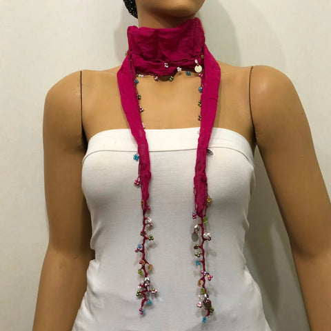 Sour Cherry Beaded Oya Scarf Necklace - Handmade Crocheted - bandana