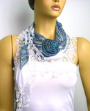 BLUE Geometric designed Scarf - SUN motif scarf with white lace fringe