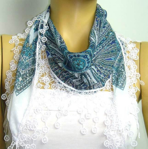 BLUE Geometric designed Scarf - SUN motif scarf with white lace fringe