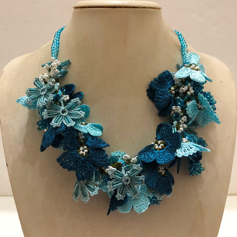 Light Blue and Teal Bouquet Necklace with Blue Grapes - Crochet OYA Lace Necklace