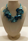 Light Blue and Teal Bouquet Necklace with Blue Grapes - Crochet OYA Lace Necklace