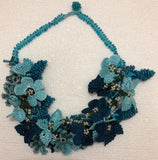 Light Blue and Teal Bouquet Necklace with Blue Grapes - Crochet OYA Lace Necklace