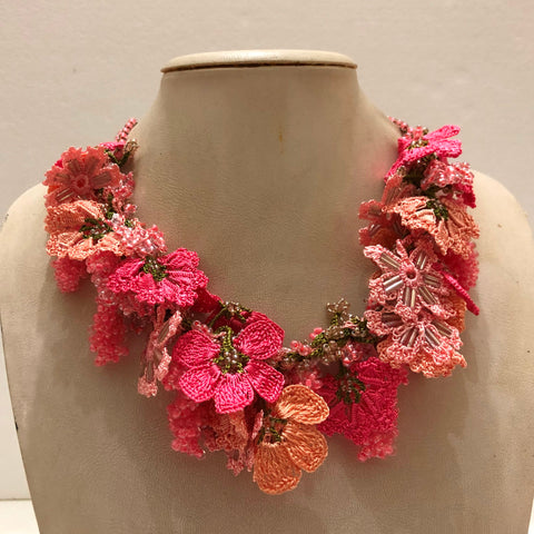 Peach Pink and Orange Bouquet Necklace - Crochet OYA Lace Necklace