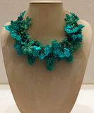 Turquoise and Green  Bouquet Necklace - Crochet OYA Lace Necklace