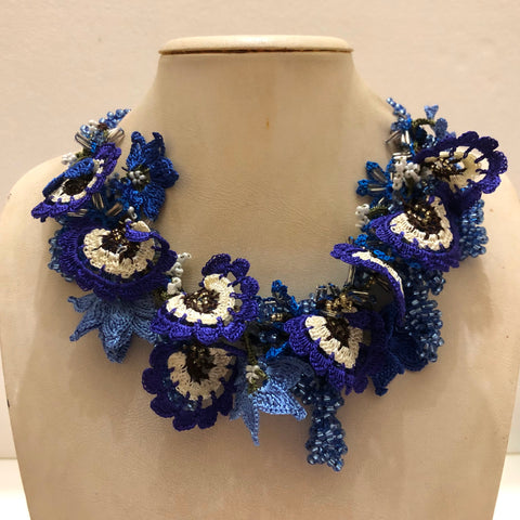 Indigo BLUE and White Bouquet Necklace - Crochet OYA Lace Necklace