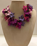 Pink,Lilac and Plum Bouquet Necklace with Bluish Purple Grapes - Crochet OYA Lace Necklace