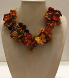 Burnt Orange and Brown Bouquet Necklace with Yellow grapes - Crochet OYA Lace Necklace