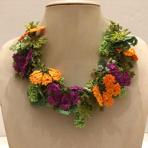 Orange, Green and Purple - Crochet OYA Lace Necklace