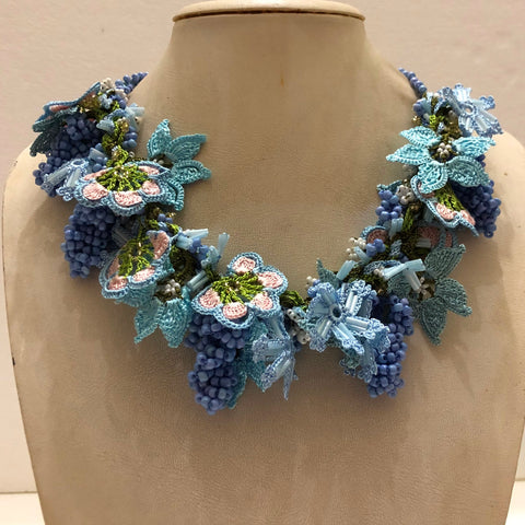 BLUE and WHITE Bouquet Necklace with Baby Blue Grapes - Crochet OYA Lace Necklace