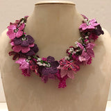 Pink, Sour Cherry and Plum Bouquet Necklace - Crochet OYA Lace Necklace