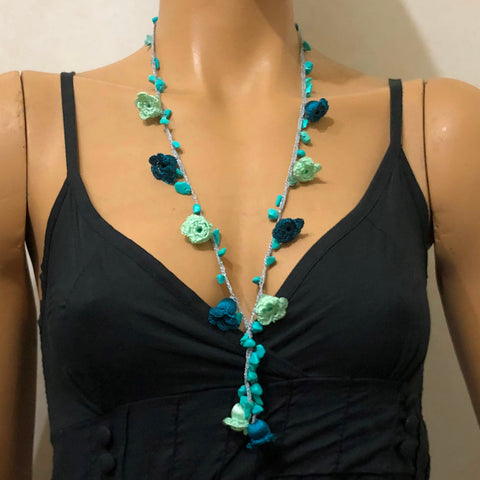 Teal and Aqua Turquoise Crochet oya TULIP lace necklace with blue turquoise stones
