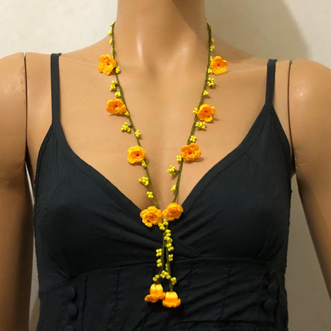 Yellow Crochet oya TULIP lace necklace with Yellow Beads