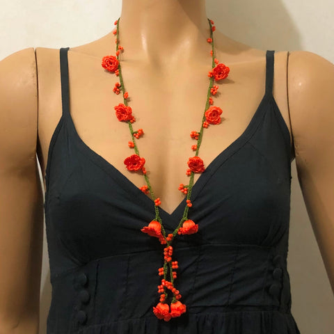 Orange Crochet oya TULIP lace necklace with Orange Beads